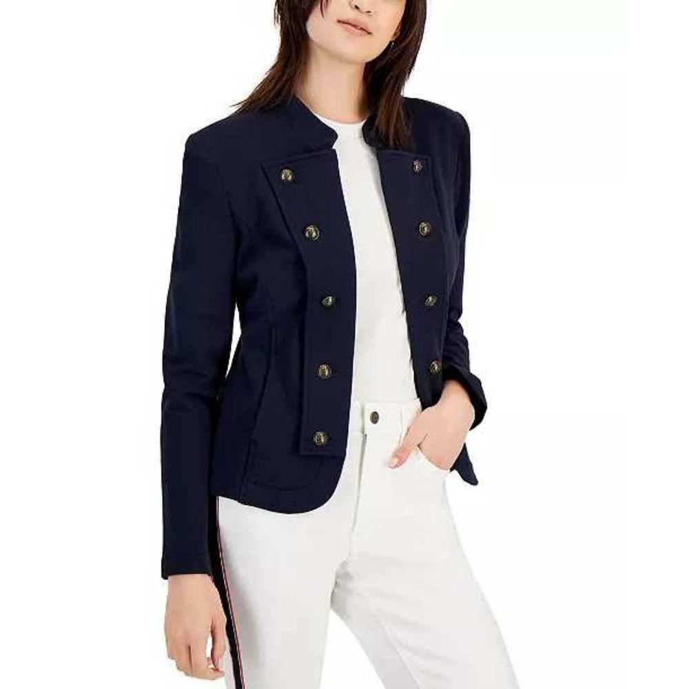 Tommy Hilfiger Womens Navy Blue Military Knit Blazer Gold Crest Button Jacket S